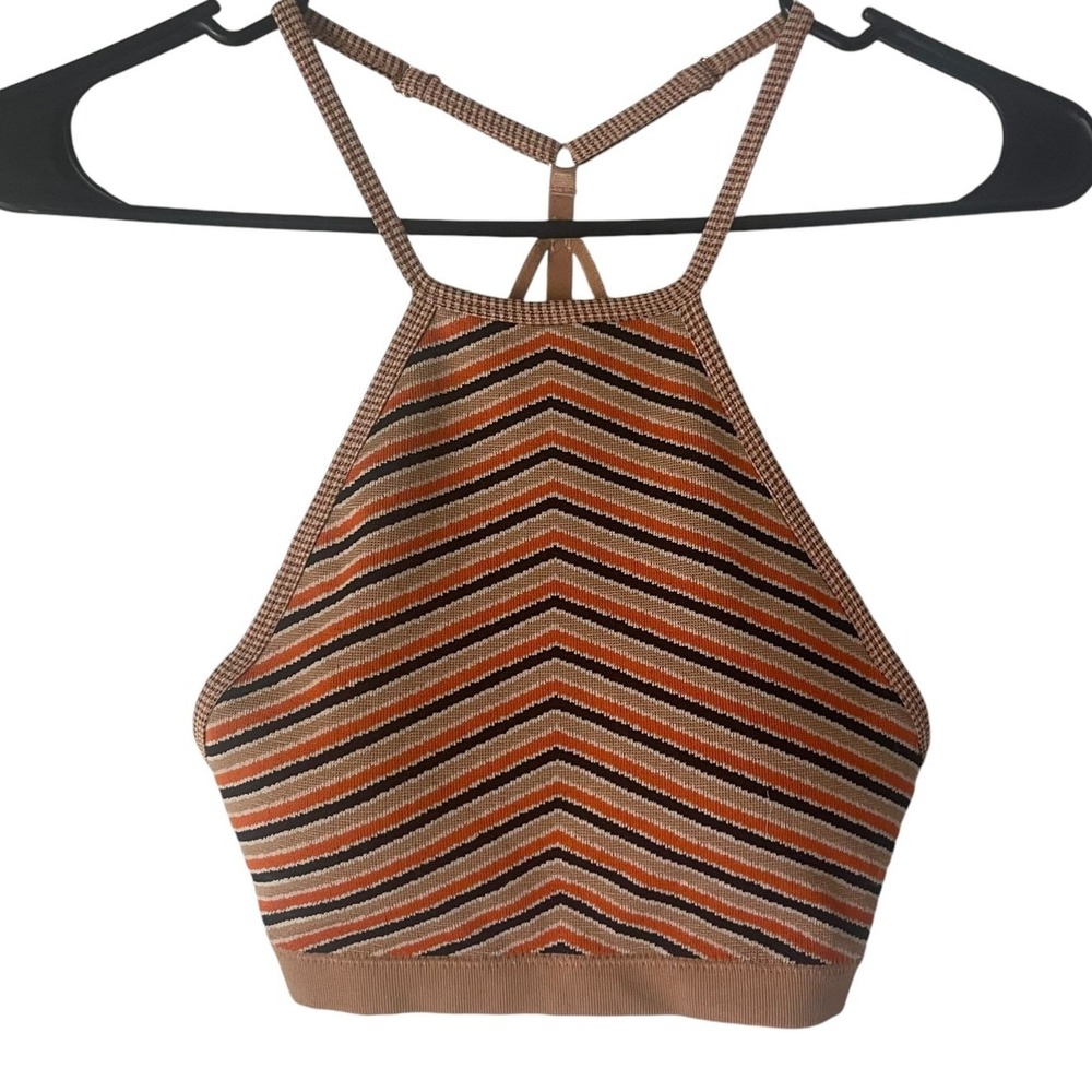 Fornia Women Orange Brown Chevron Knit Halter Crop Top Strappy Back S/M